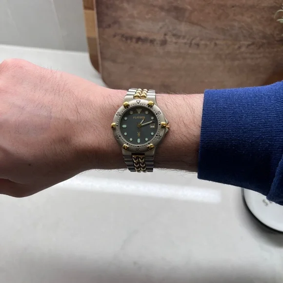 Vintage Playboy Diver Watch Mens Quartz Date Two Tone
